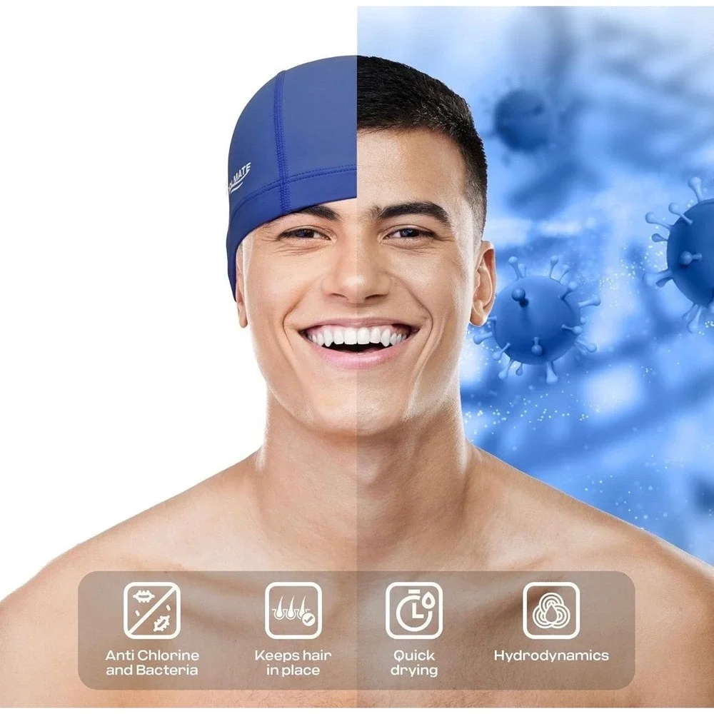 COOLMATE Fabric Swim Cap‎ Blue Large Silicone Water Resistant Lightweight Cloth
